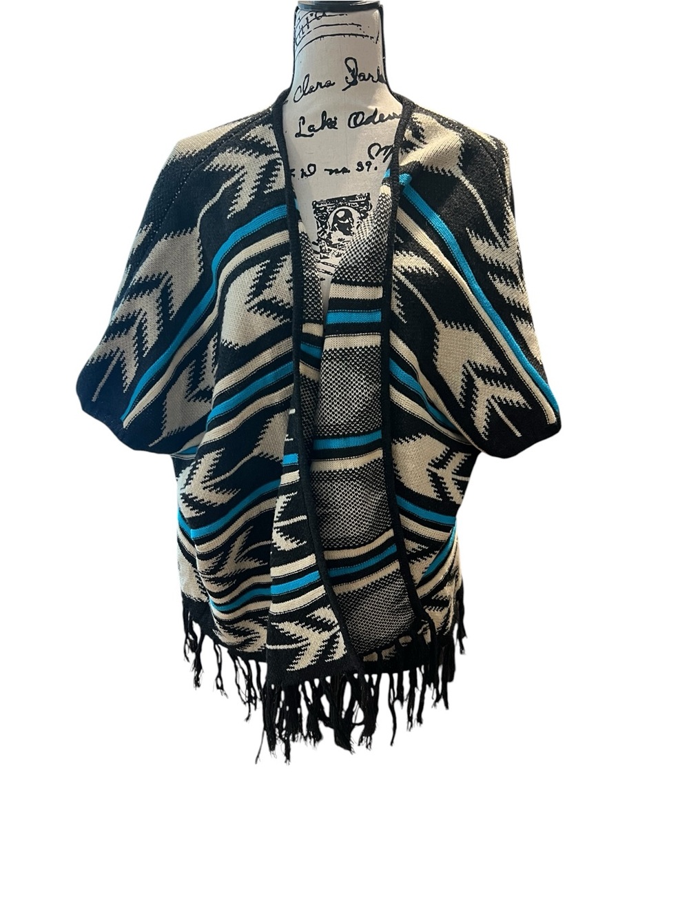 POL Striped Fringed Open-Front Poncho in Black, Cream & Blue